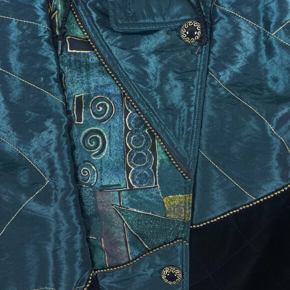 Vintage 90s Velvet Abstract Jacket XL | Teal Green Quilted Art Deco Statement - Picture 7 of 14